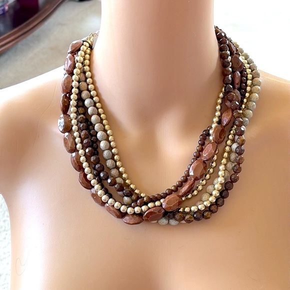 Multi-Strand Beaded Brown & Gold Tone Beaded Statement Necklace Adjustable - Picture 15 of 15